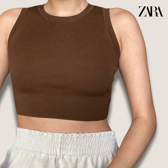 Brown Ribbed Crop Top - Picture 1 of 4
